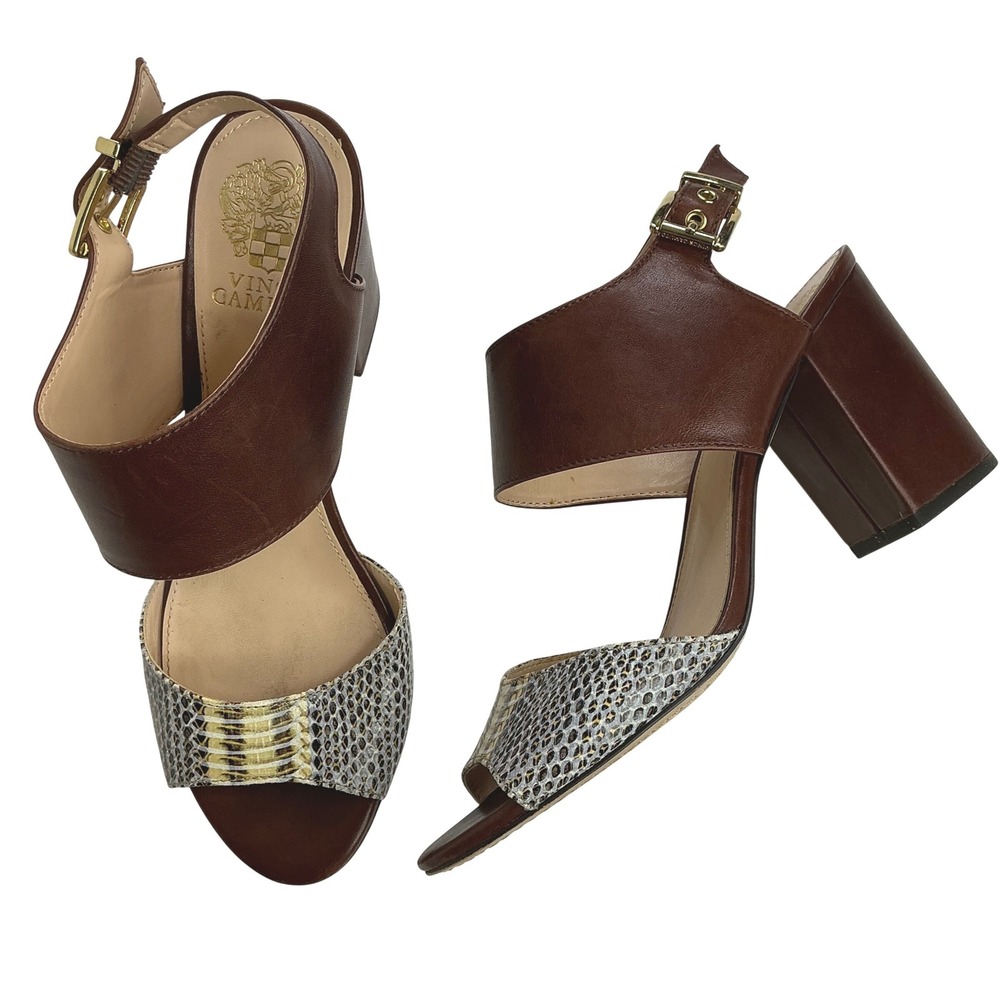 Vince Camuto Brown Banna Block Heel Sandals Womens 8.5 Snakeskin Print Leather